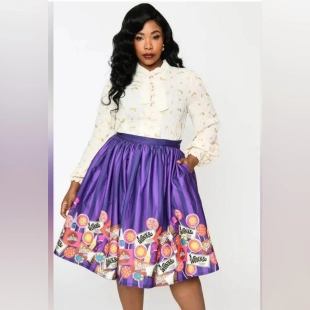 Willy Wonka x Unique Vintage Wonka Chocolate Border Gellar Swing Skirt - M/6-8 - Picture 2 of 7
